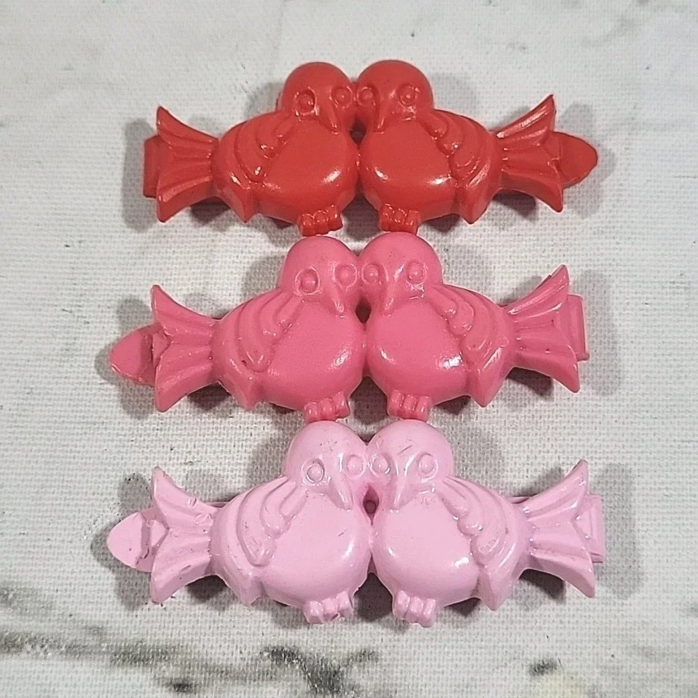 Vintage 80s Goody Snap Tight Barrettes Lot Of 3 Lovebirds Red Pink Hair Clips